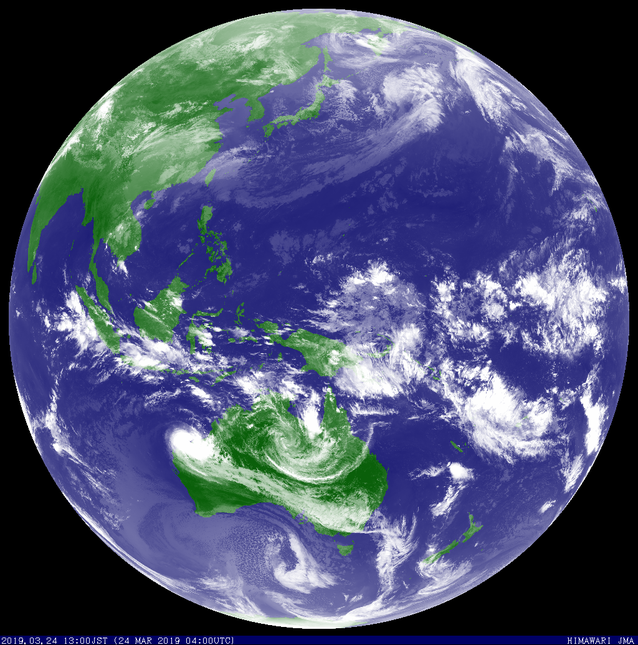 Colorized satellite image showing Severe Tropical Cyclone Veronica (left) and remnants of Severe Tropical Cyclone Trevor over Cape York, 24 March 2019. From JMA