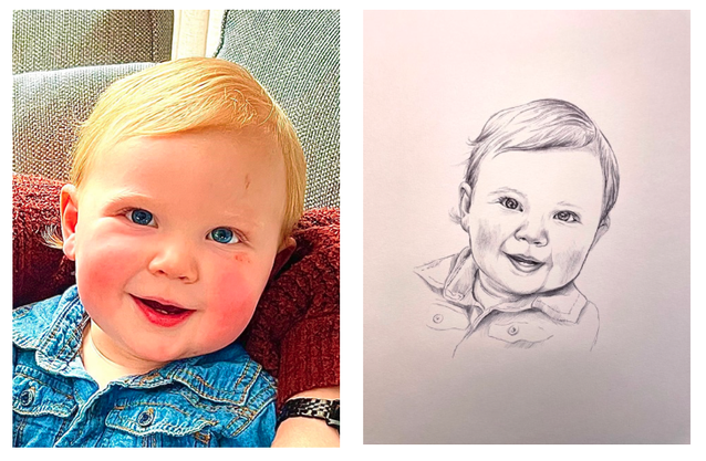 Uniek met de hand getekend portret in opdracht van een lief klein jongetje. Perfect cadeau van kleinkind voor grootouders. 