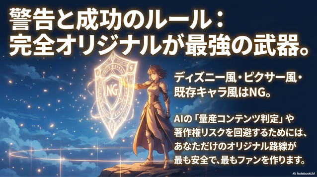 ・ディズニー風 ・ピクサー風 ・既存アニメキャラ風  こういった作品は避けた方が安全です。