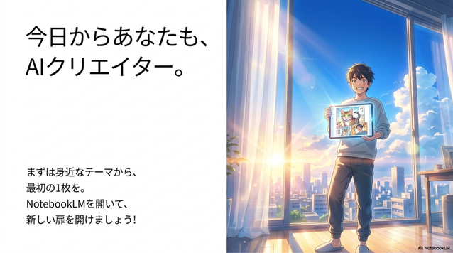 まずは身近なテーマや、  自分の好きなものの紹介から、  NotebookLMを使って最初の1枚を作ってみませんか？