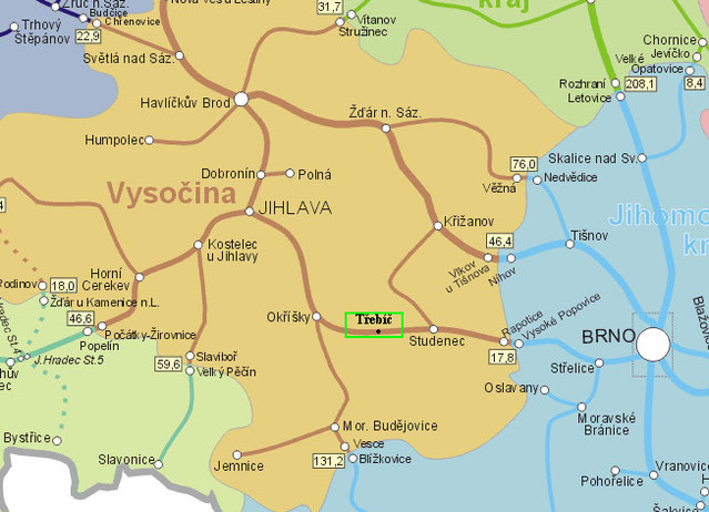 Situación de Třebíč - Región de Vysočina
