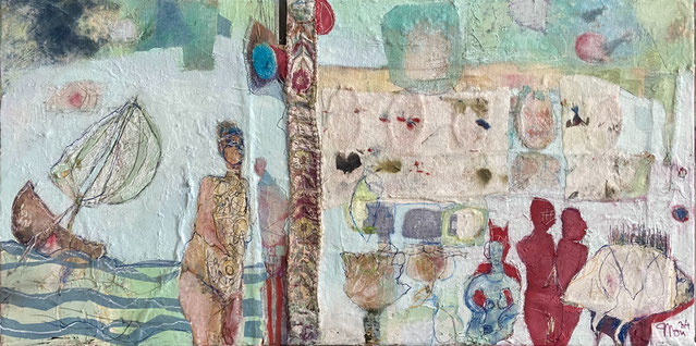o.T.      2023      80 x 40        Collage – Öl und Kaltwachs 