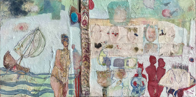 o.T.  ----   2023  ----    80 x 40    ----    Collage, Öl und Kaltwachs ----   Preis auf Anfrage