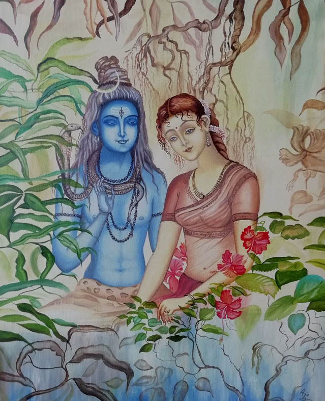 Hindu Gott Shiva und seine Frau Parvati, 50 x 60 cm, Öl auf Leinwand 