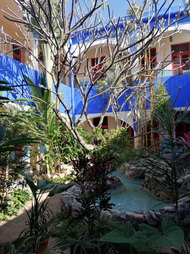 Mexique, Yucatan : patio de l'hôtel Medio Mundo à Mérida