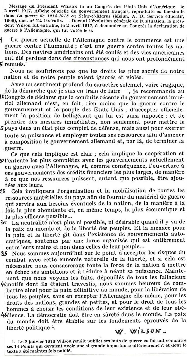 Document 2 a_ Le discours du président Wilson au Congrès le 2 avril 1917 pour demander le vote de l'entrée en guerre des Etats-Unis. Collection de textes historiques Chaulanges