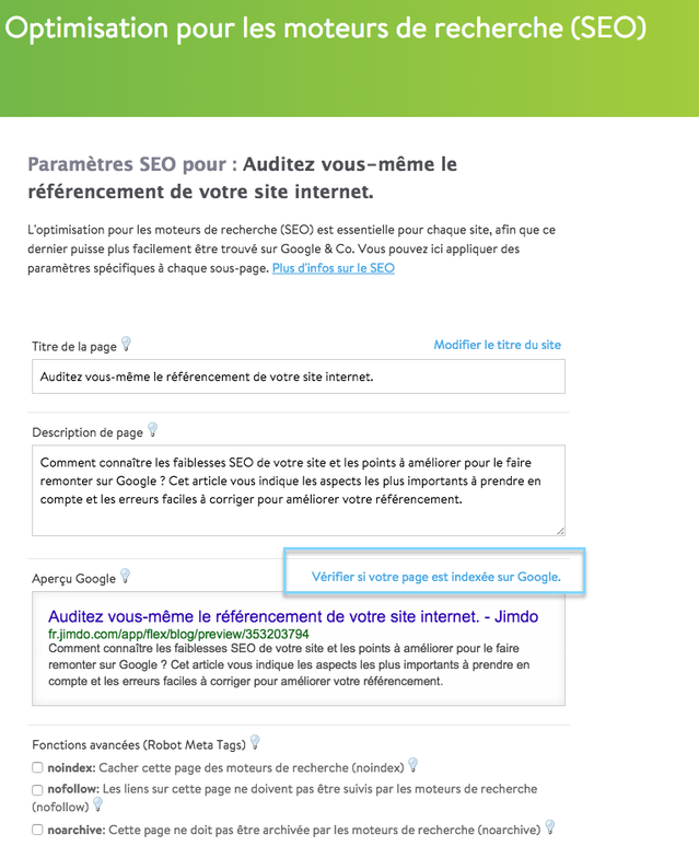 Paramètres SEO d'un site Jimdo