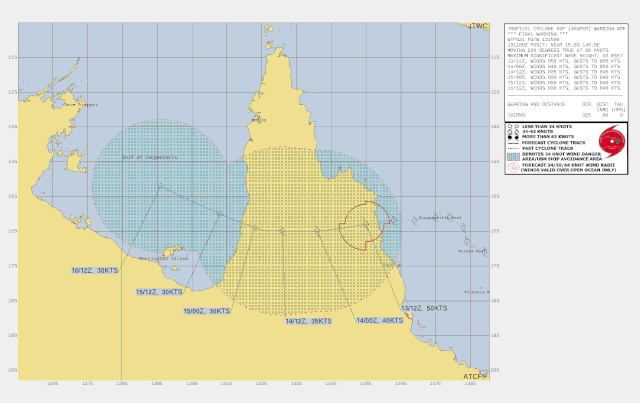 Track map of Severe Tropical Cyclone Jasper in the Coral Sea. Image from JTWC. December 14 2023.