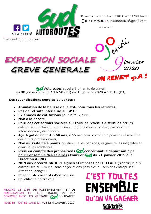 Grèves retraite le 9 janvier 2020 syndicat sud autoroutes Aprr