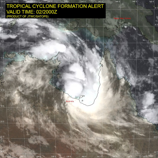 Infrared satellite image of Tropical Cyclone Imogen (before forming) in the Gulf of Carpentaria, Australia 03/01/2021. Image from JTWC