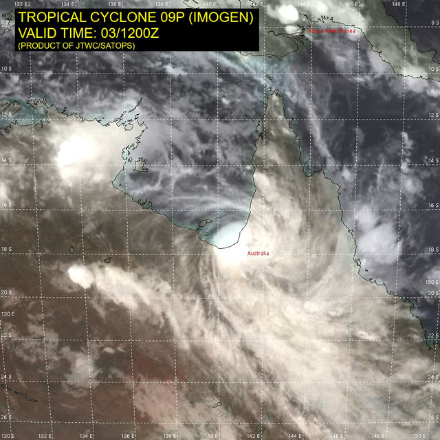 Infrared satellite image of Tropical Cyclone Imogen making landfall on the south coast of the Gulf of Carpentaria, Australia 04/01/2021. Image from JTWC