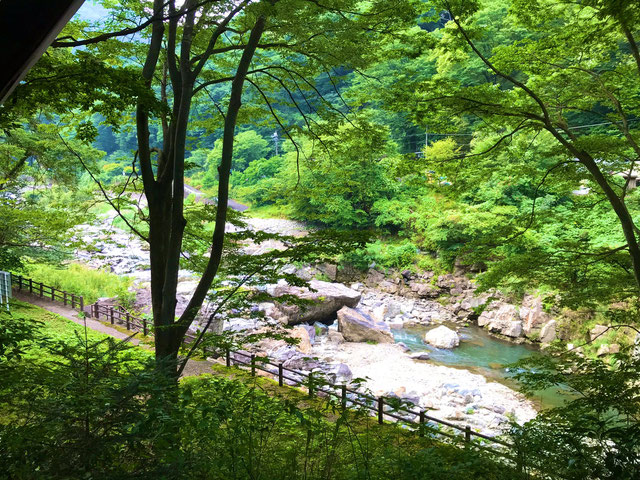 旅館の外には森林や川などの自然の多い風景が広がる