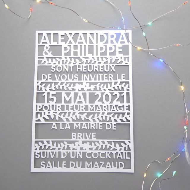 Faire part de mariage Lettres ciselées découpe laser dentelle Mam