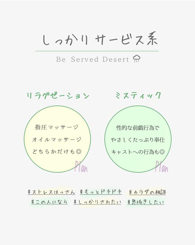 【しっかりサービス系】Be Served Desert　〈リラクゼーション〉指圧マッサージ・オイルマッサージ・どちらかだけも◎　〈ミスティック〉性的な前戯行為で・やさしくたっぷり奉仕・キャストへの行為も◎　#ストレスはっさん#もっとドキドキ#カラダの相談#この人になら#しっかりされたい#息抜きしたい　札幌　女性用風俗　雨はしずかに　女風　レンタル彼氏　デート　性感マッサージ　イケメン