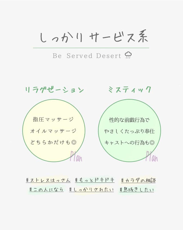 【しっかりサービス系】Be Served Desert　〈リラクゼーション〉指圧マッサージ・オイルマッサージ・どちらかだけも◎　〈ミスティック〉性的な前戯行為で・やさしくたっぷり奉仕・キャストへの行為も◎　#ストレスはっさん#もっとドキドキ#カラダの相談#この人になら#しっかりされたい#息抜きしたい 札幌 女性用風俗 女風 すすきの 北海道 レンタル彼氏 デートコース 出張ホスト 雨はしずかに