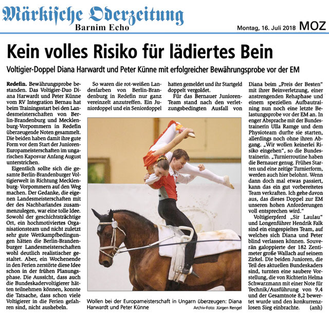 Sieg für das Voltigier-Duo des RVI bei den Landesmeisterschaften Berlin -Brandenburg und Mecklenburg-Vorpommern in Redefin, erschienen am 16.07.2018 in der MOZ