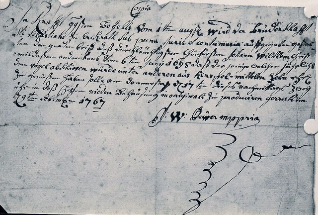 Kopie der Urkunde von 1767. Quelle: Protokollbuch der Bruderschaft