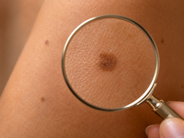 Lupe über Pigmentfleck auf Haut – Analyse und Kontrolle bei Plasma Pen Behandlung