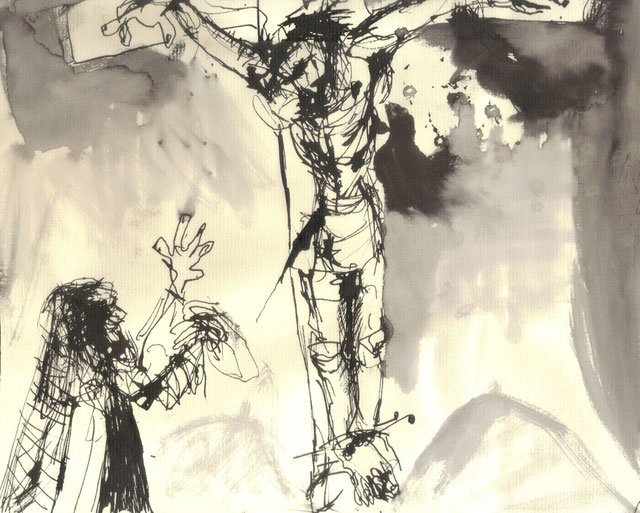 Crucifixion I / 2000 / Encre de chine sur papier / 24x18,5 cm / Collection privée