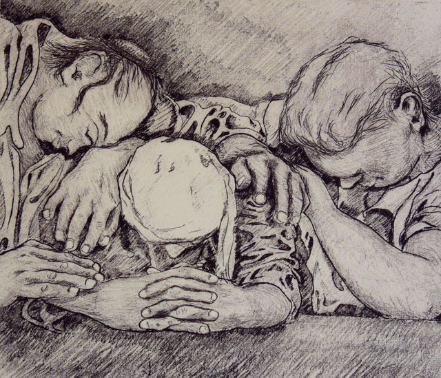 Vernis mou; etching; praying; compassionate beings; 13 october 2025;