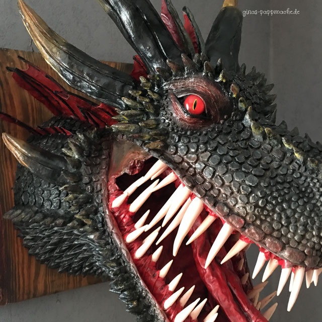 papermache, papiermache, handmade, Drogon, Drache, Drachenkopf, Kunst, einzigartig, fauxtaxidermy, Drachentrophäe