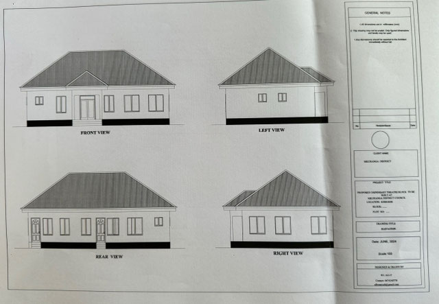 Skizzen der Außenansichten eines geplanten Hauses von allen vier Seiten.