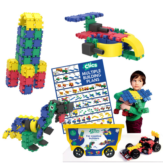 Beispielmodelle der CLICS Rollerbox 15 in 1: Fahrzeuge, Tiere und Baupläne