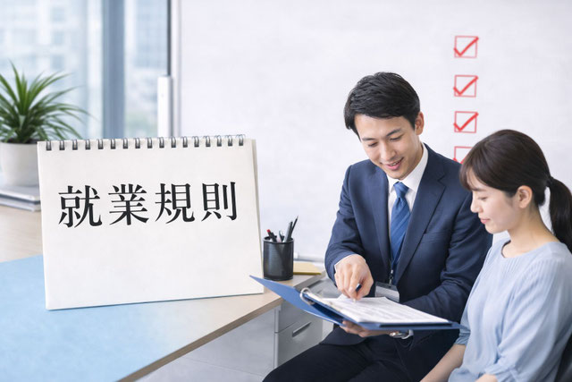 社会保険労務士が企業担当者に対して就業規則の内容を説明し、作成や見直しを支援しているイメージ