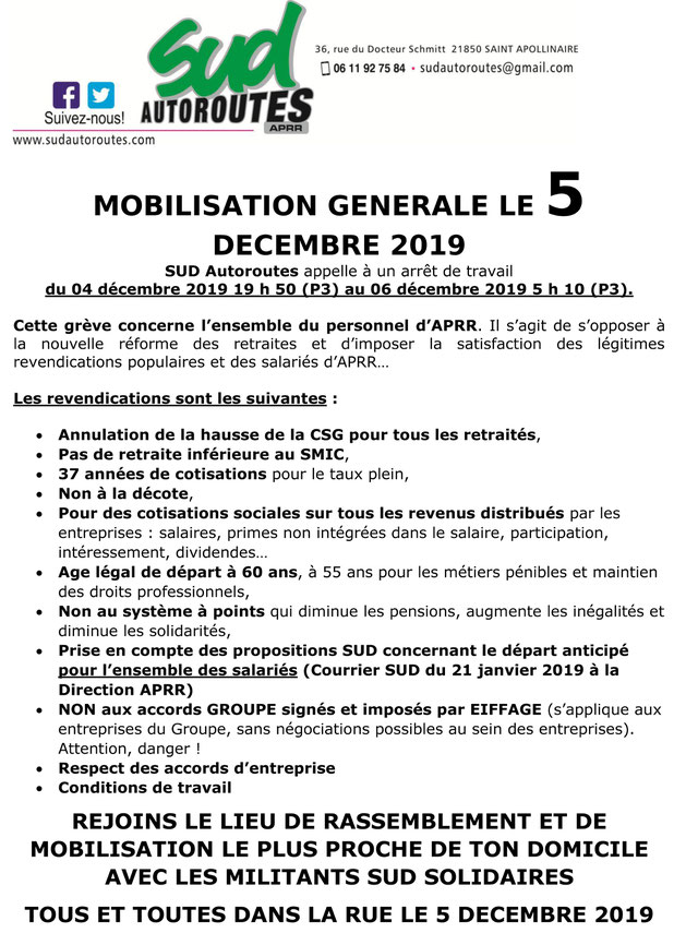 SUD APRR en grève le 5 décembre 2019