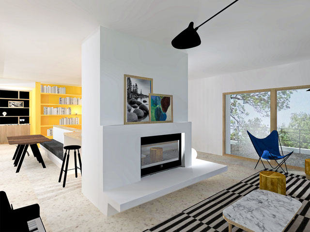 Image 3D du salon avec vue sur la cuisine