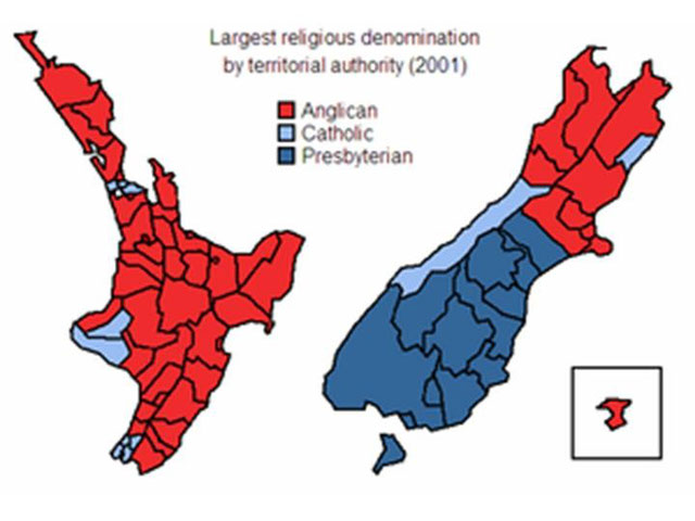 The settlement of English in the North Island and northern South Island and Scottish in the Deep South is reflected in the dominance of Anglicanism and Presbyterianism in the respective regions