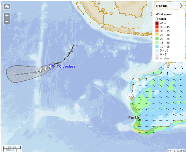 Modelled track map of TC Joshua 17/01/2021. From meteye, http://www.bom.gov.au/australia/meteye/