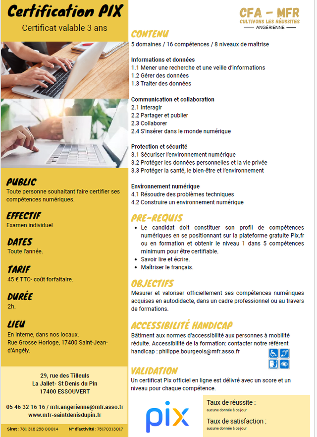 La MFR est habilitée pour proposer la certification pix, ce document présente les modalités.