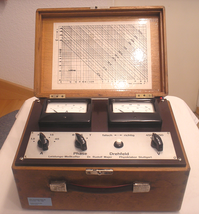 Drehstrom Leistungs Messkoffer 1 Ph. / 3 Ph. AC - 30 kWatt. - 220 / 380 Volt - Dr. Rudolf Maajer - Stuttgart - Fertigungsjahr ca. 1951