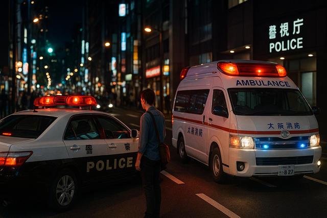 Japanese police and ambulance vehicles on a Tokyo street at night.