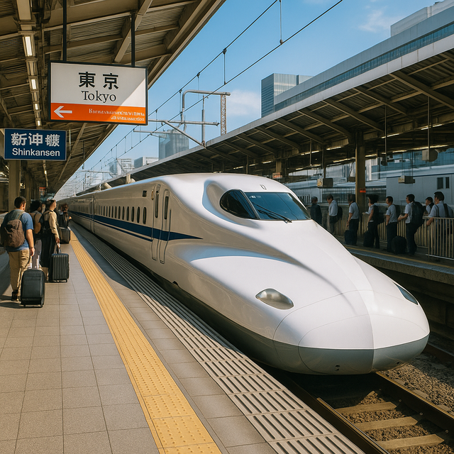Shinkansen train arriving at Tokyo Station platform with passengers waiting.