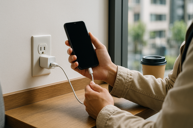 Traveler charging smartphone at a café in Tokyo using Type A plug outlet.