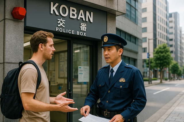 Traveler reporting a lost passport at a police box in Tokyo.