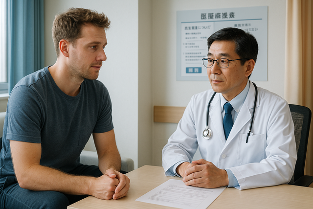 Traveler consulting with a Japanese doctor in a modern hospital room.