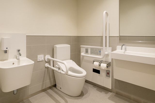 Modern Japanese public restroom with high-tech washlet toilets and bilingual signage.