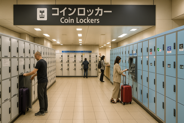 Rows of Japanese coin lockers at a Tokyo train station, with travelers storing luggage.