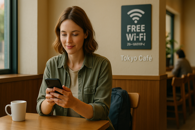 Tourist using a smartphone in a Tokyo café with a Free Wi-Fi sign visible.