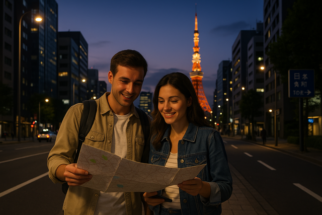 First-time travelers looking at a map with Tokyo’s skyline at dusk.
