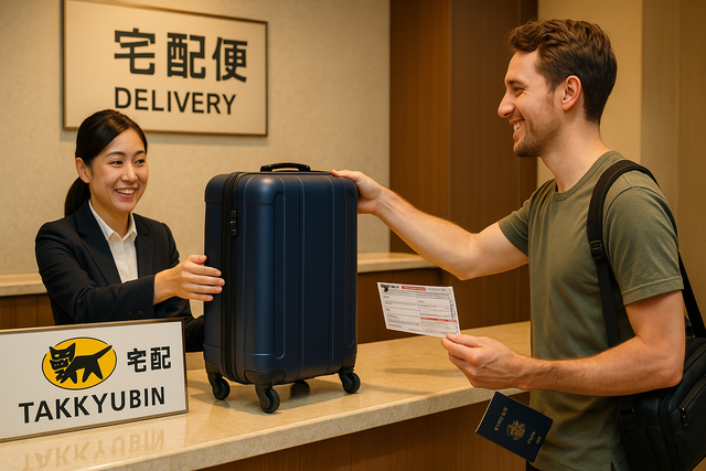 Traveler handing over luggage at a Japanese hotel reception counter for delivery via Takkyubin service.