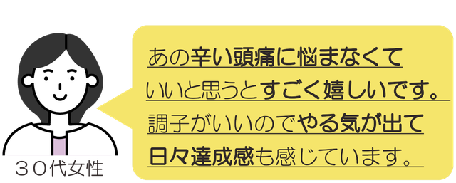 水素頭痛整体　鍼灸　はりきゅう屋　ご来院者のお声　あの辛い頭痛に悩まなくていいと思うとすごく嬉しいです。調子がいいのでやる気が出て日々達成感も感じています。　30代女性