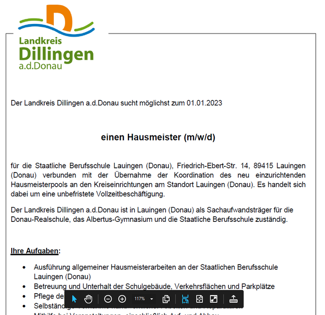 Hausmeister gesucht STAATLICHE BERUFSSCHULE LAUINGEN