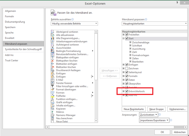 Excel Entwicklertools freischalten