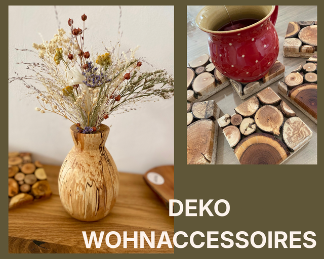 Deko und Wohnaccessoires aus Holz, handgemacht - Schalen, Vasen, Untersetzer und kleine Dekoration, stehen auf Holztisch