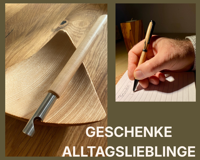 Handgemachte Geschenke und Alltagsbegleiter aus Holz - Flaschenöffner und Kugelschreiber, werden in der Anwendung gezeigt 