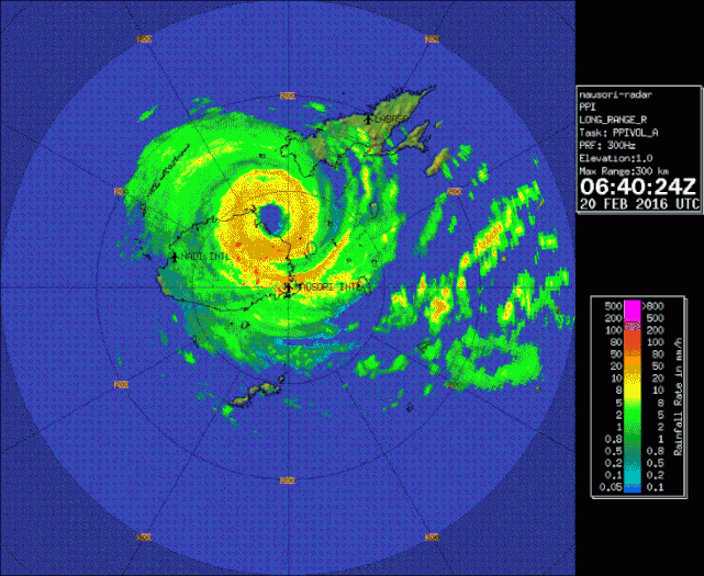 Tropical cyclone Winston radar image showing TC Winston about to make landfall in Viti Levu, Fiji, from NZ meteorological service blog.